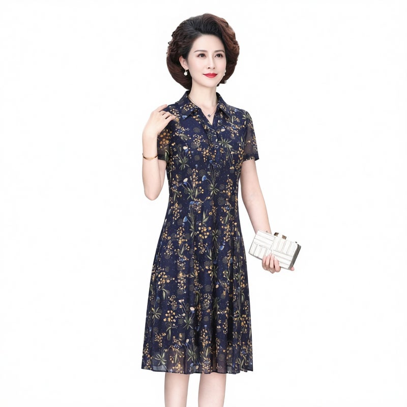 Mothers Summer Mesh Print Dress Short Sleeve Blouse Collar Loose Fit Slimming Midi Dress - Image 1