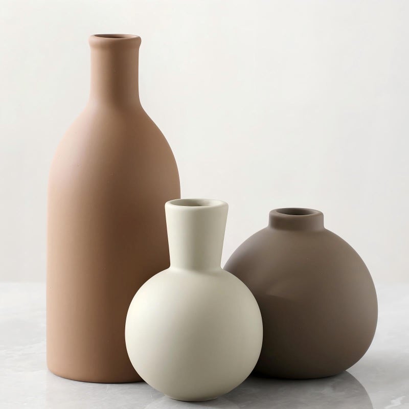 ooit Vase Set of 3 | Ceramic Neutral Vases Home Decor | Rustic Flower Pottery Vases Modern Farmhouse Vase for Table Entryway Mantel Centerpiece Bookshelf Living Room Bathroom Bedroom -Brown Large - Image 1