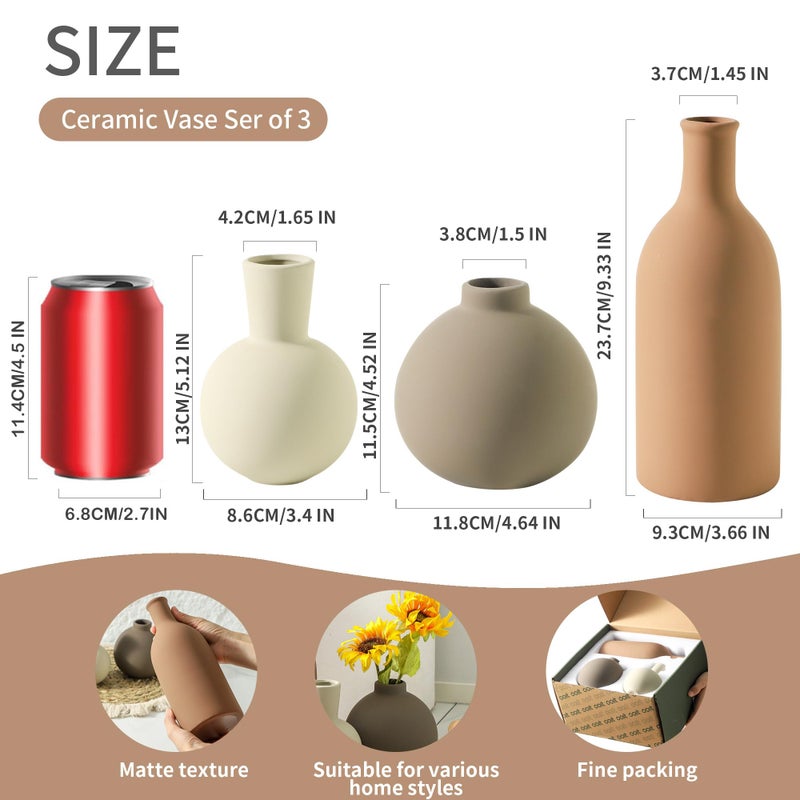 ooit Vase Set of 3 | Ceramic Neutral Vases Home Decor | Rustic Flower Pottery Vases Modern Farmhouse Vase for Table Entryway Mantel Centerpiece Bookshelf Living Room Bathroom Bedroom -Brown Large - Image 2