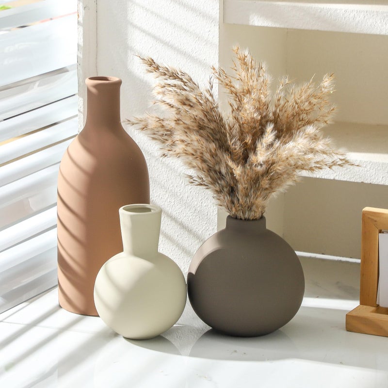 ooit Vase Set of 3 | Ceramic Neutral Vases Home Decor | Rustic Flower Pottery Vases Modern Farmhouse Vase for Table Entryway Mantel Centerpiece Bookshelf Living Room Bathroom Bedroom -Brown Large - Image 4