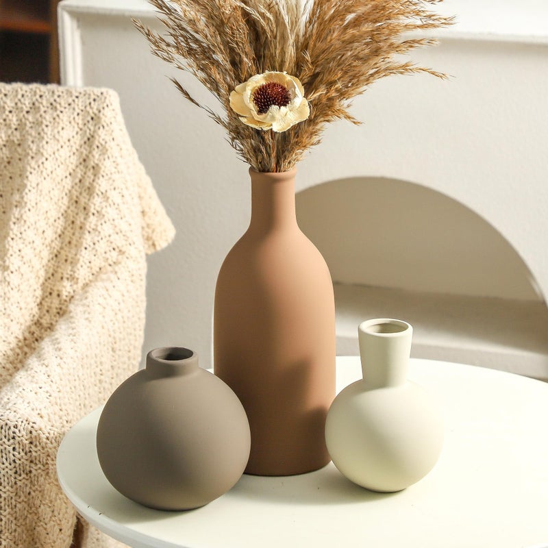 ooit Vase Set of 3 | Ceramic Neutral Vases Home Decor | Rustic Flower Pottery Vases Modern Farmhouse Vase for Table Entryway Mantel Centerpiece Bookshelf Living Room Bathroom Bedroom -Brown Large - Image 5