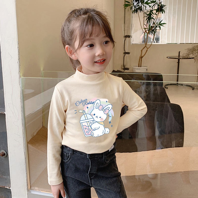 Children'S Base Shirt Half-High Collar Girl'S White Baby'S Long-Sleeved T-Shirt De-Velvet Base T-Shirt - Image 1