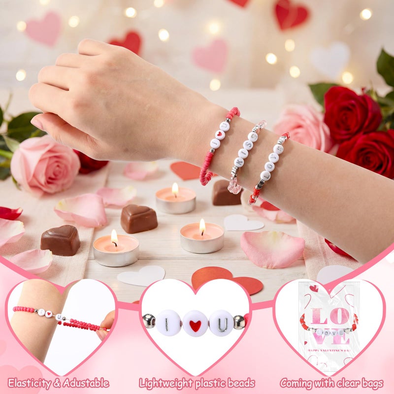 Quelay 24 Sets Galentine's Day Bracelets Bulk Valentine's Day Bead Bracelets with Happy Valentine Cards Galentines Friendship Gifts for Women Friends Exchange Gift Valentines Party Favors - Image 3