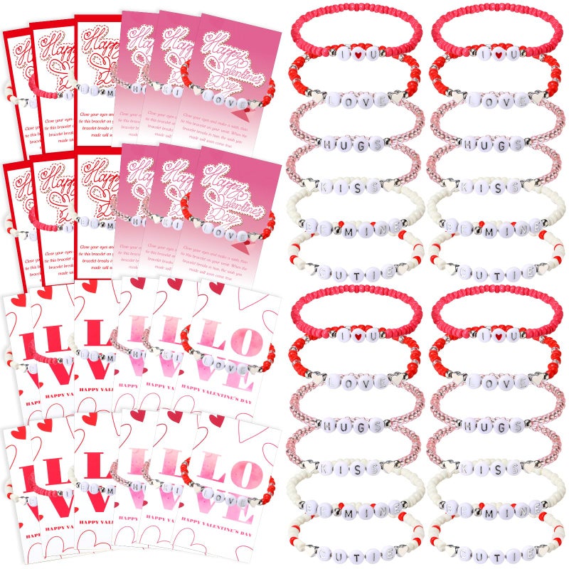 Quelay 24 Sets Galentine's Day Bracelets Bulk Valentine's Day Bead Bracelets with Happy Valentine Cards Galentines Friendship Gifts for Women Friends Exchange Gift Valentines Party Favors - Image 1