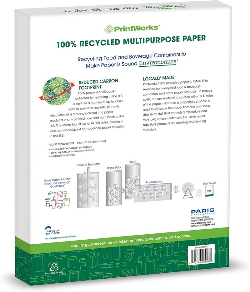 PrintWorks 100% Recycled Printer Paper 8.5" x 11" White - 20 lb Copy & Multipurpose Computer Paper - 3 Packs, 1200 Sheets - Made in the USA - 92 Bright - Printer & Copier Compatible (00018-3) - Image 2