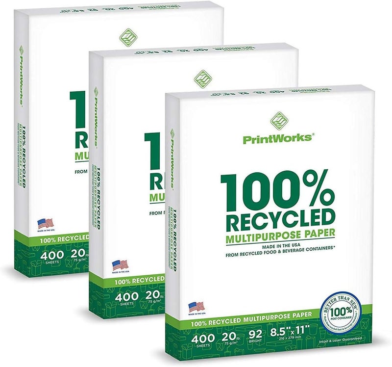 PrintWorks 100% Recycled Printer Paper 8.5" x 11" White - 20 lb Copy & Multipurpose Computer Paper - 3 Packs, 1200 Sheets - Made in the USA - 92 Bright - Printer & Copier Compatible (00018-3) - Image 1