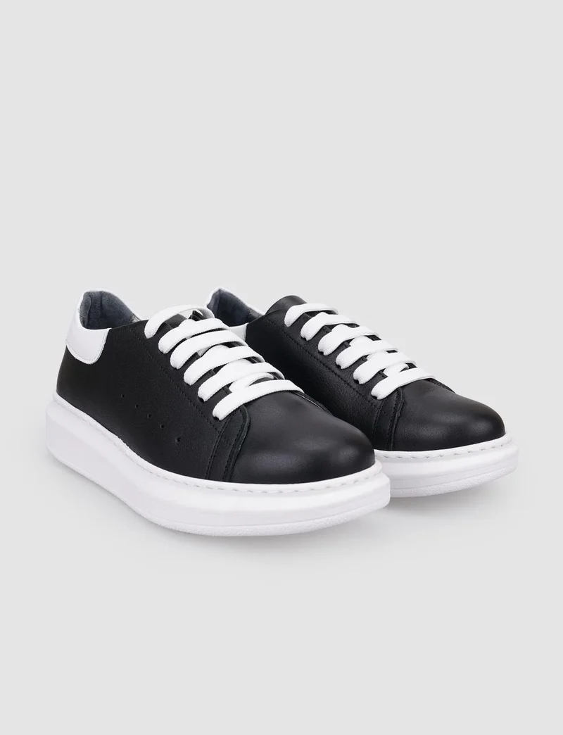 كاباني 100% Genuine Leather Black - White Laced Women's Sneakers