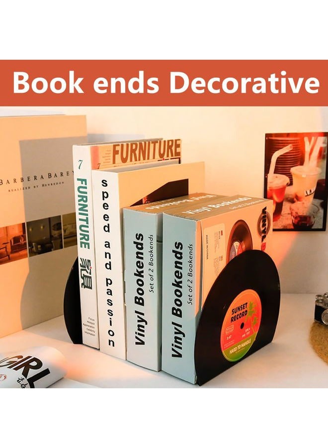 VinBee VintageBee Retro Vinyl Bookends Black Record Book Ends Classic CD Vintage Decorative Bookends For Shelves Nonskid Bookend Supports Black 1Pair - Image 3