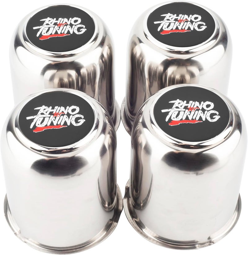 RTRHINOTUNING غطاء مركز العجلات من الفولاذ المقاوم للصدأ من ، 4 قطع، مقاس 3.16 بوصة / 80 ملم، لفتحة مركز عجلات شاحنات المقطورات، مركز مقاس 3.16 بوصة، ارتفاع 3.84 بوصة، كروم، قابلة للدفع عبر المركز. - Image 1