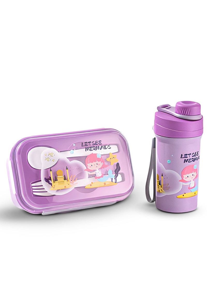 BAYBEE 500 ML Kids Water Bottle & Lunch Box Set for Kids School with Two compartment & Spoon Set | Back to School Products | Lunch Box & Water Bottle Combo Set for Kids Childrens (Mermaid) - Image 1