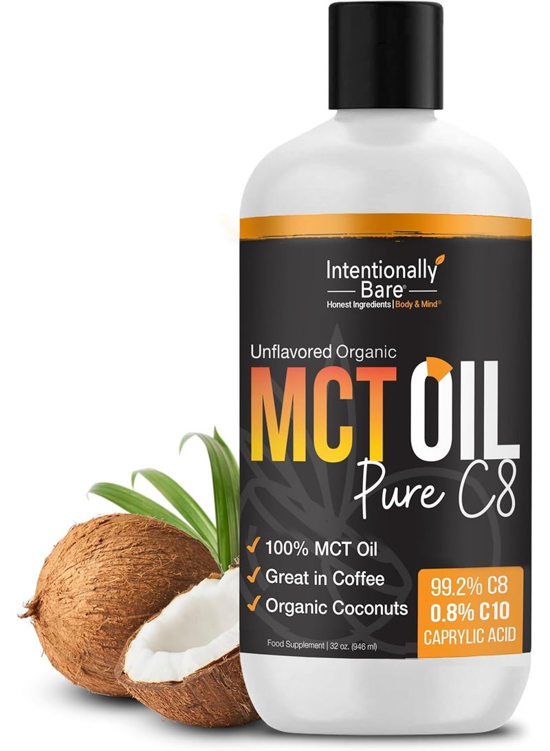 Intentionally Bare زيت MCT عضوي نقي C8 خالي عن عمد - زيت دماغ أوكتان C8 MCT لطاقة نظيفة، حمية كيتو باليو ونباتية - زيت دماغ أوكتان بدون نكهة للقهوة، المخفوقات والسلطات - زيت جوز الهند MTC 32oz - Image 1