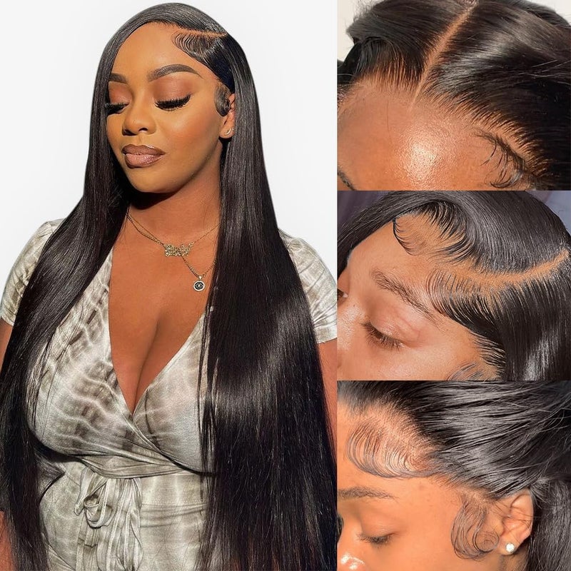 Flady 30 inch HD Lace Front Wigs Human Hair Pre Plucked Hairline 13x4 Bone Straight Human Hair Wig Natural Black 180% Density Transparent Lace Frontal Wigs For Women