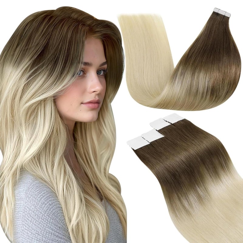 LaaVoo Tape in Hair Extensions Human Hair Light Brown Fading to Light Blonde Tape in Human Hair Extensions Seamless Tape on Hair Extension Silky Straight Hair 12inch 20pcs 30g - Image 3
