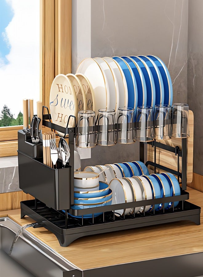 2-Tier Dish Drying Rack, Black Carbon Steel, with Utensil & Chopstick Holders, Knife and Cup Storage, Auto-Draining Tray  - Image 1