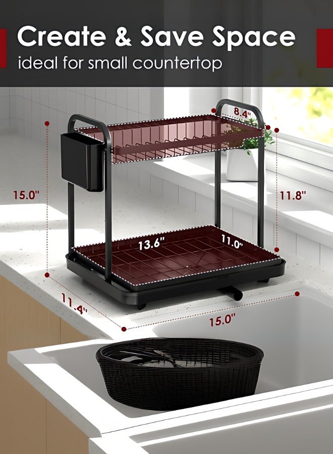 2-Tier Dish Drying Rack, Black Carbon Steel, with Utensil & Chopstick Holders, Knife and Cup Storage, Auto-Draining Tray  - Image 3