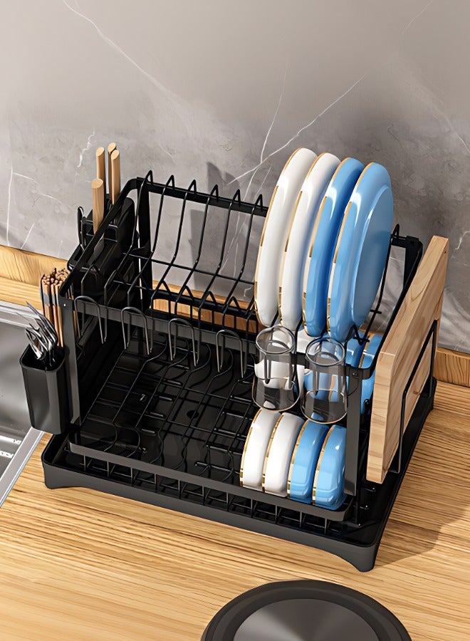 2-Tier Dish Drying Rack, Black Carbon Steel, with Utensil & Chopstick Holders, Knife and Cup Storage, Auto-Draining Tray  - Image 2