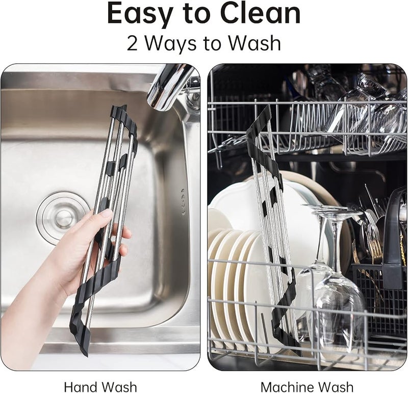 Tomorotec Triangle Roll-Up Dish Drying Rack for Sink Corner Small Foldable Stainless Steel Over The Sink Multipurpose Kitchen Drainer Caddy Trivet Rustproof Organizer Storage Space Saver Shelf (Black) - Image 5