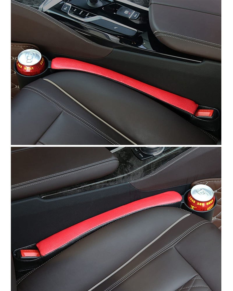 Tumecos Car Seat Gap Filler Pad PU Leather Console Side Pocket Organizer with One Cup Holder for Cellphone Wallet Coin Key 2 Pcs (Black+Red Surface)