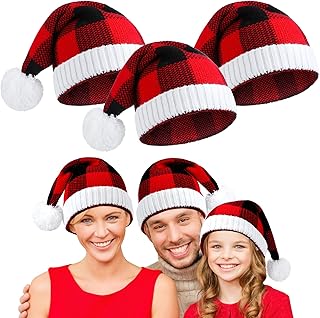 Loopeer Loopeer 3 Pieces Christmas Hats Christmas Knitted Caps Winter Warm Beanie Hats Buffalo Plaid Hats with Pom Pom Santa  - Image 1