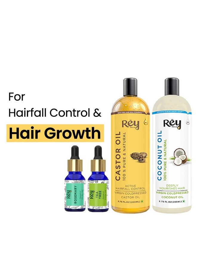 Rey Naturals Tea Tree Oil, Rosemary Oil, Coconut Oil, Castor Oil For Hair Growth, Dandruff & Hairfall Control, Acne, Dark Spots (15Ml*2+200Ml*2), Cold Pressed Oil For Skin & Hair Care, Herbal Hair Oil - Image 3