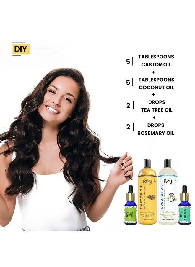 Rey Naturals Tea Tree Oil, Rosemary Oil, Coconut Oil, Castor Oil For Hair Growth, Dandruff & Hairfall Control, Acne, Dark Spots (15Ml*2+200Ml*2), Cold Pressed Oil For Skin & Hair Care, Herbal Hair Oil - Image 2