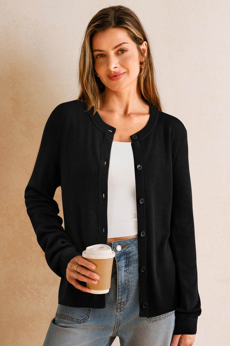 Arach&Cloz Womens Cardigan Sweaters 2026 Soft Layering Essential Knit Long Sleeve Crew Neck Button Down Lightweight Top Fashion Outfits Summer Spring Business Casual Work Black M - Image 2