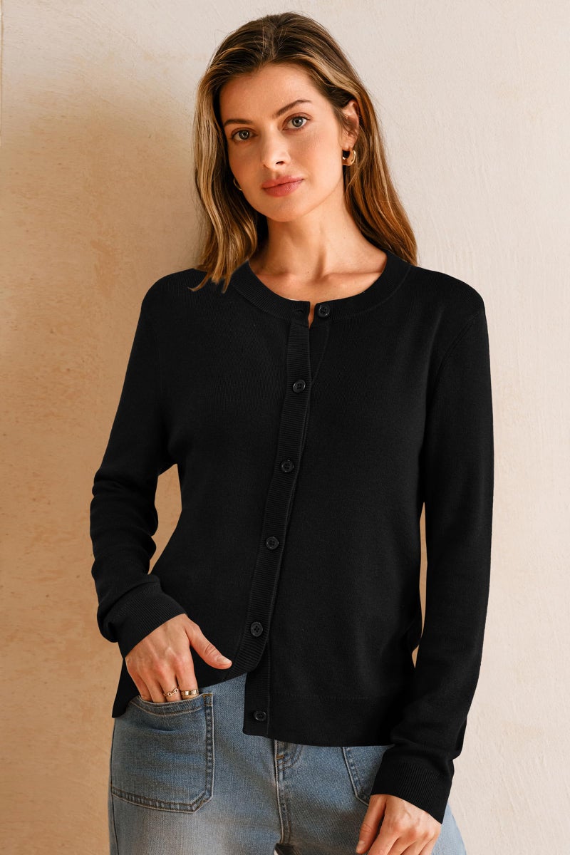 Arach&Cloz Womens Cardigan Sweaters 2026 Soft Layering Essential Knit Long Sleeve Crew Neck Button Down Lightweight Top Fashion Outfits Summer Spring Business Casual Work Black M - Image 4