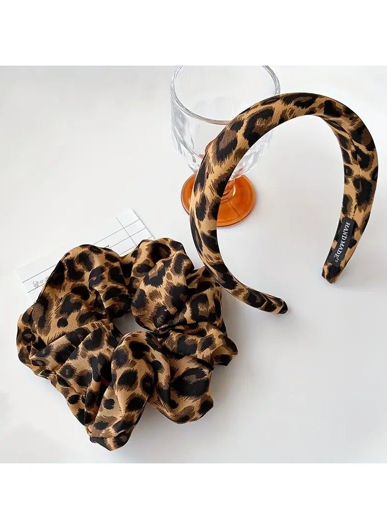 Goolsky Vintage Leopard Print Velvet Headband Set For Women, Elegant Retro Hair Hoop For Daily Casual Occasions, Deep Brown Hair Circle 2-Piece Bundle - Image 1