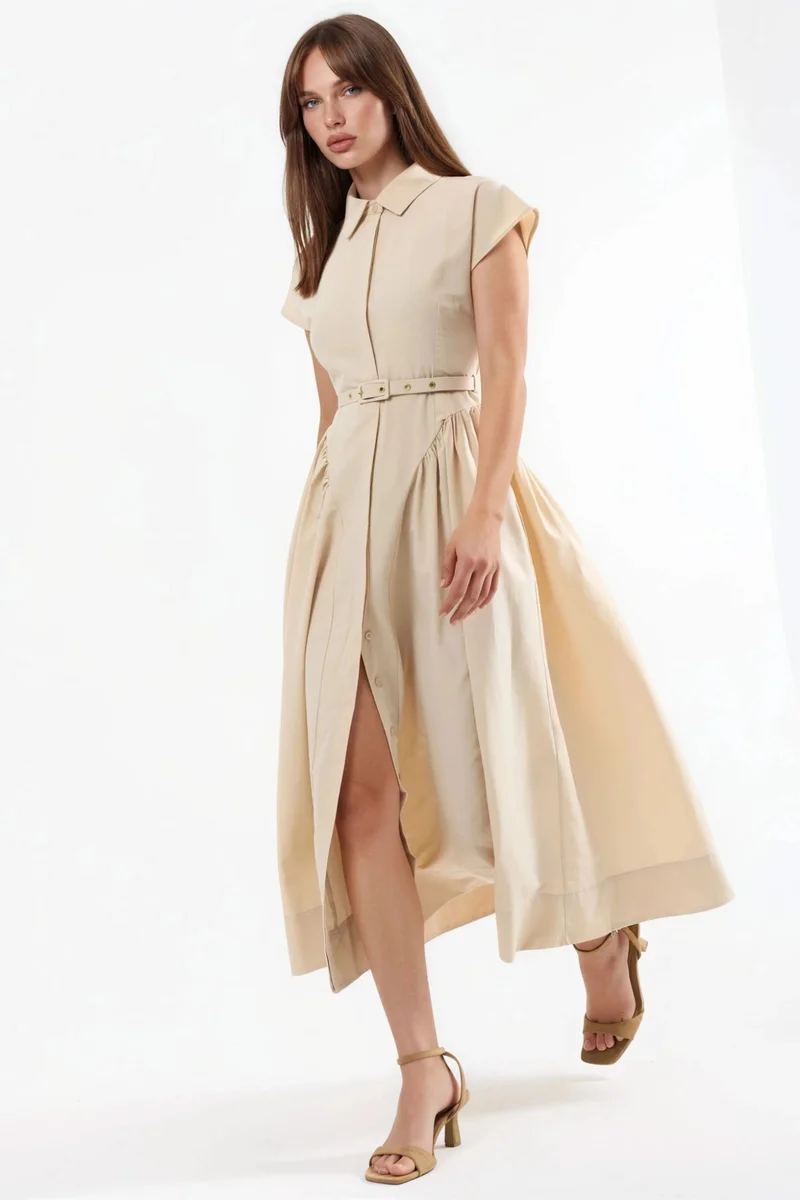 بوسيم BUSEM Belted Midi Dress with Shirt Collar