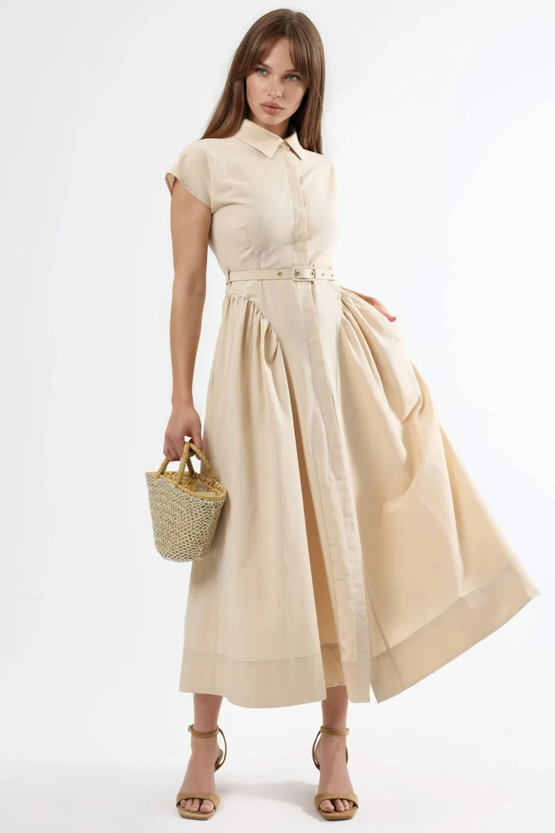 BUSEM Belted Midi Dress with Shirt Collar