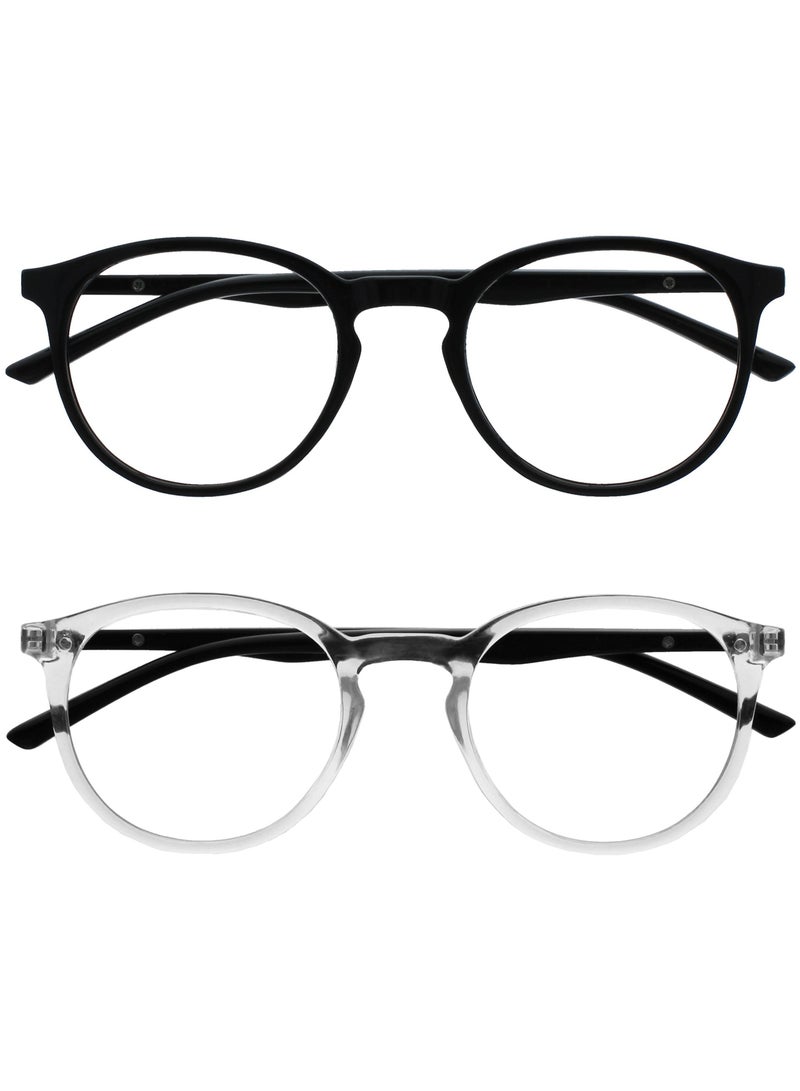 OPULIZE MET Blue Light Blocking Reading Glasses for Women Men - Value 2 Pack - Slim Round Frame - Improve Sleep - Computer Gaming - Anti Glare - Spring Hinges - Black Clear +2.00 - Image 1