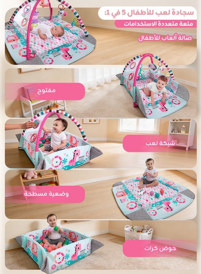 Aurlar 5-in-1 Baby Play Mat with Play Arch & Ball Pit, Foldable Baby Gym with 30 Balls, 5 Hanging Toys & Tummy Time Pillow, Detachable Fence Crawling Playmat, Newborn Activity Center 0–24 Months - Image 2