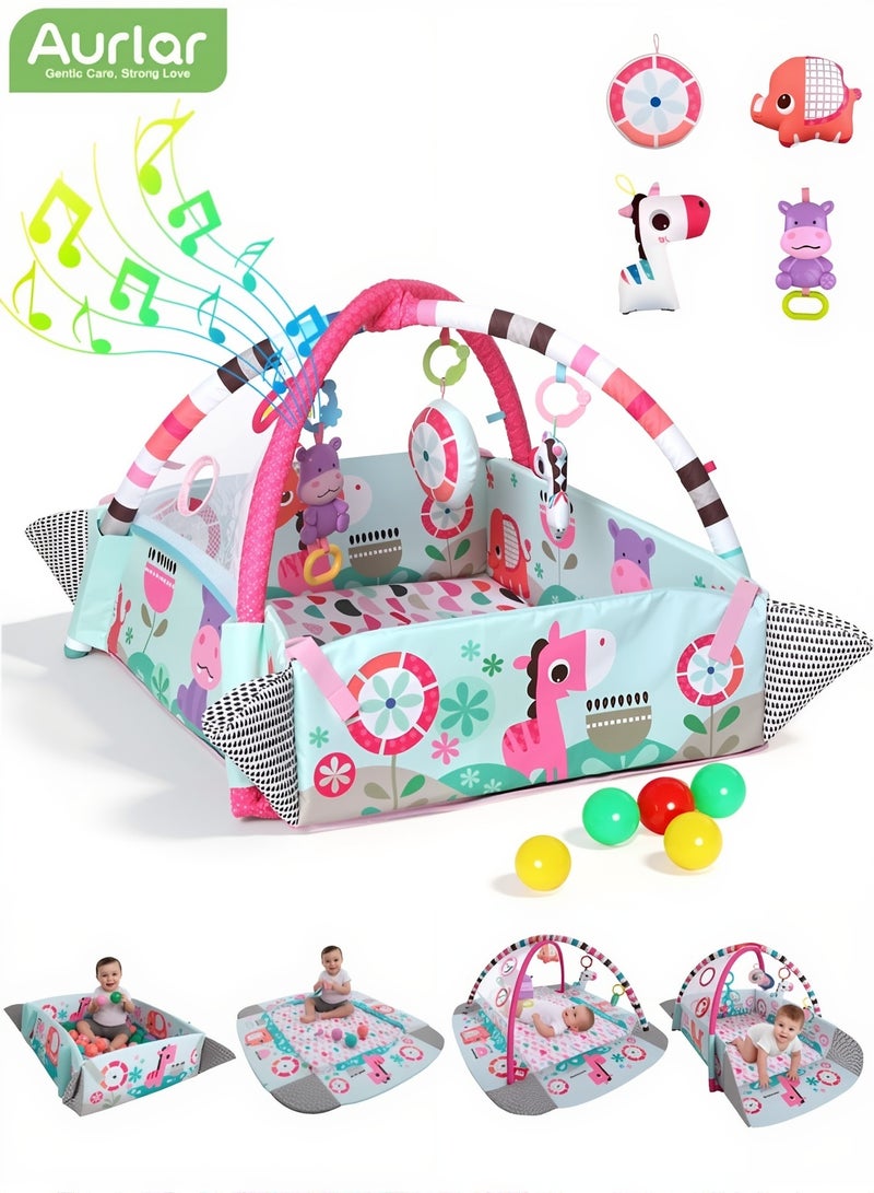 Aurlar 5-in-1 Baby Play Mat with Play Arch & Ball Pit, Foldable Baby Gym with 30 Balls, 5 Hanging Toys & Tummy Time Pillow, Detachable Fence Crawling Playmat, Newborn Activity Center 0–24 Months - Image 1