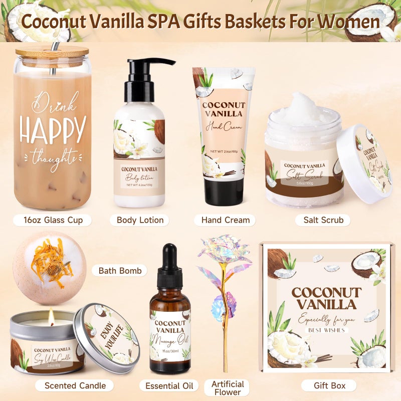 GiftPeak Spa Gift Baskets for Women, Vanilla Coconut Bath and Body Gifts Set for Women, Home Spa Self Care Gift, Relaxing Bath Set for Mom Wife Sister Friends Sister Girlfriend, Motherâ€™s Day Thank You Gifts - Image 2