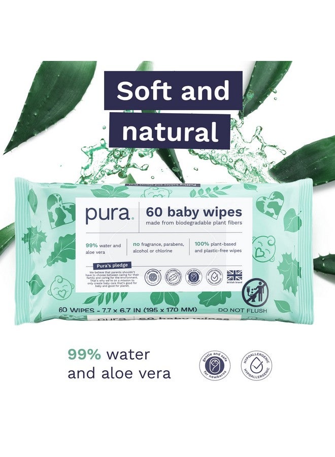 Pura Baby Wipes 100% Plasticfree & Plant Based Wipes 99% Water Suitable For Sensitive & Eczemaprone Skin Fragrance Free & Hypoallergenic Cruelty Free Ewg Verified 1 Pack Of 60 Wet Wipes - Image 3