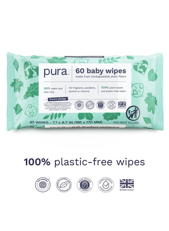 Pura Baby Wipes 100% Plasticfree & Plant Based Wipes 99% Water Suitable For Sensitive & Eczemaprone Skin Fragrance Free & Hypoallergenic Cruelty Free Ewg Verified 1 Pack Of 60 Wet Wipes - Image 4