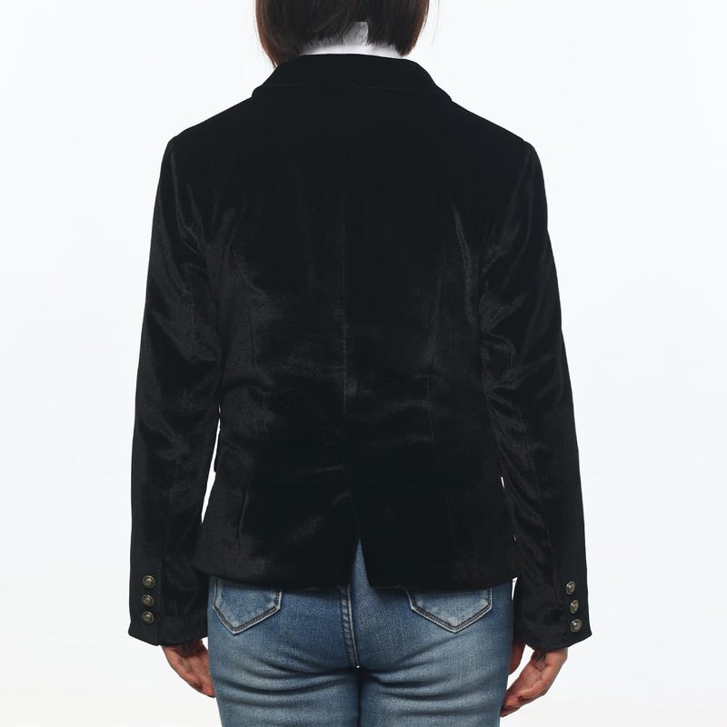 GRACEART Women Vintage Velvet Blazer Jacket V-Neck Work Office Suit Slim Fit Slit Blazer Long Sleeves Dressy Coat Black - Image 3