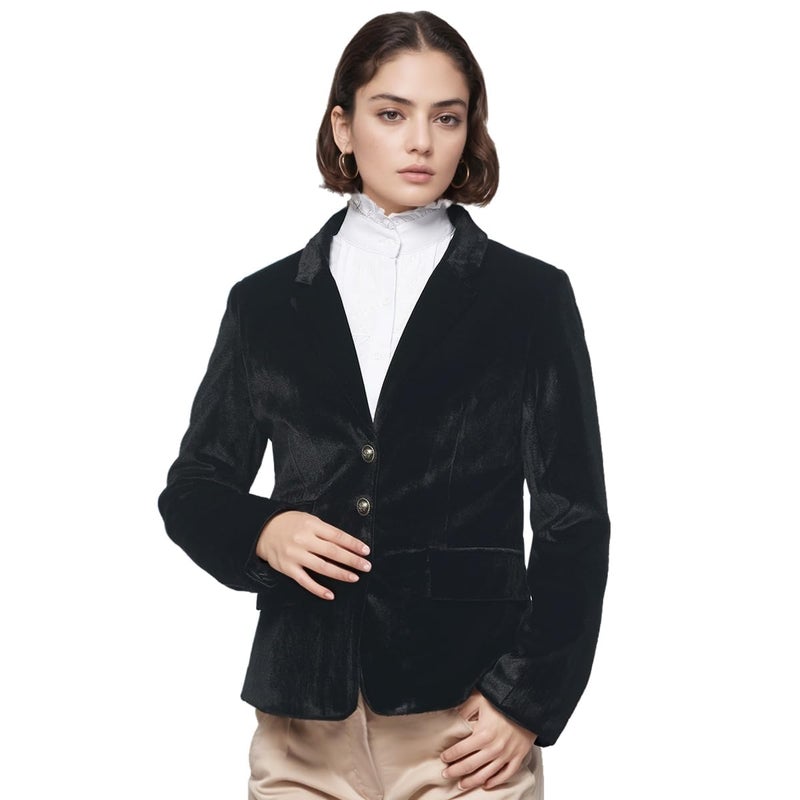 GRACEART Women Vintage Velvet Blazer Jacket V-Neck Work Office Suit Slim Fit Slit Blazer Long Sleeves Dressy Coat Black - Image 2