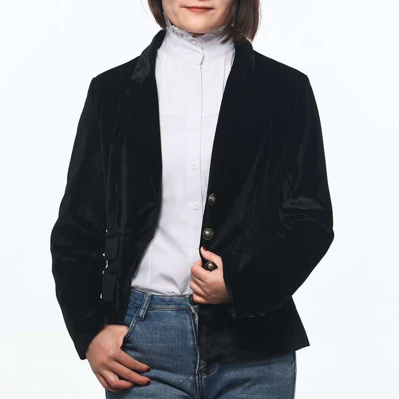 GRACEART Women Vintage Velvet Blazer Jacket V-Neck Work Office Suit Slim Fit Slit Blazer Long Sleeves Dressy Coat Black - Image 4