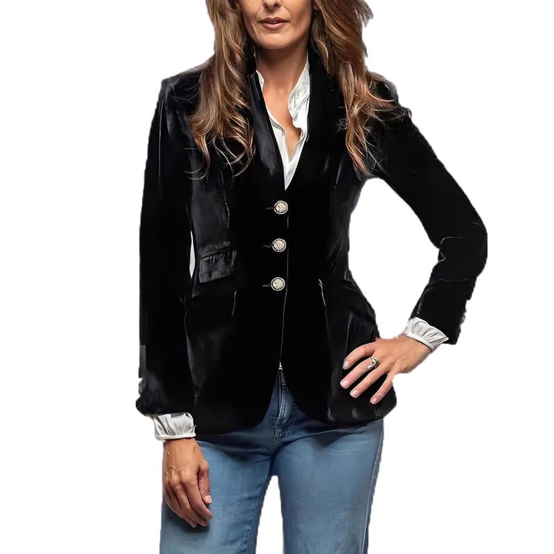 GRACEART Women Vintage Velvet Blazer Jacket V-Neck Work Office Suit Slim Fit Slit Blazer Long Sleeves Dressy Coat Black - Image 1
