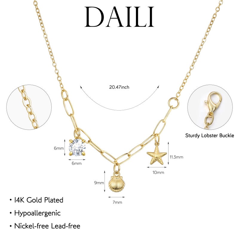 DAILI Charm Necklace for Women,14K Gold Starfish SeaShell Cubic Zirconia Paperclip Choker Necklace,Non Tarnish Adjustable Stainless Steel Chain Stack Jewelry for Summer Beach Vacation - Image 2
