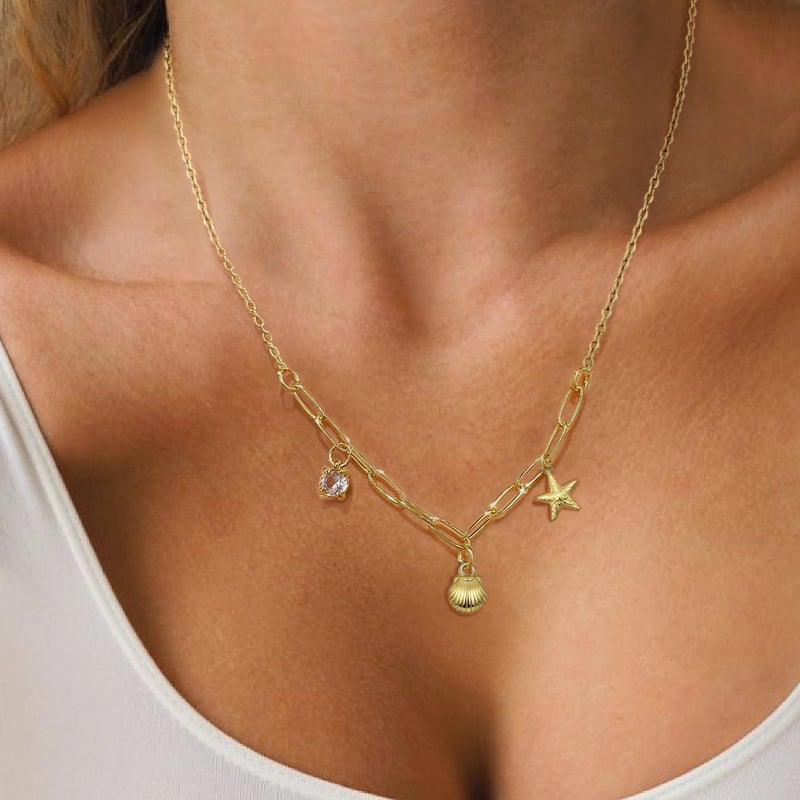 DAILI Charm Necklace for Women,14K Gold Starfish SeaShell Cubic Zirconia Paperclip Choker Necklace,Non Tarnish Adjustable Stainless Steel Chain Stack Jewelry for Summer Beach Vacation - Image 4