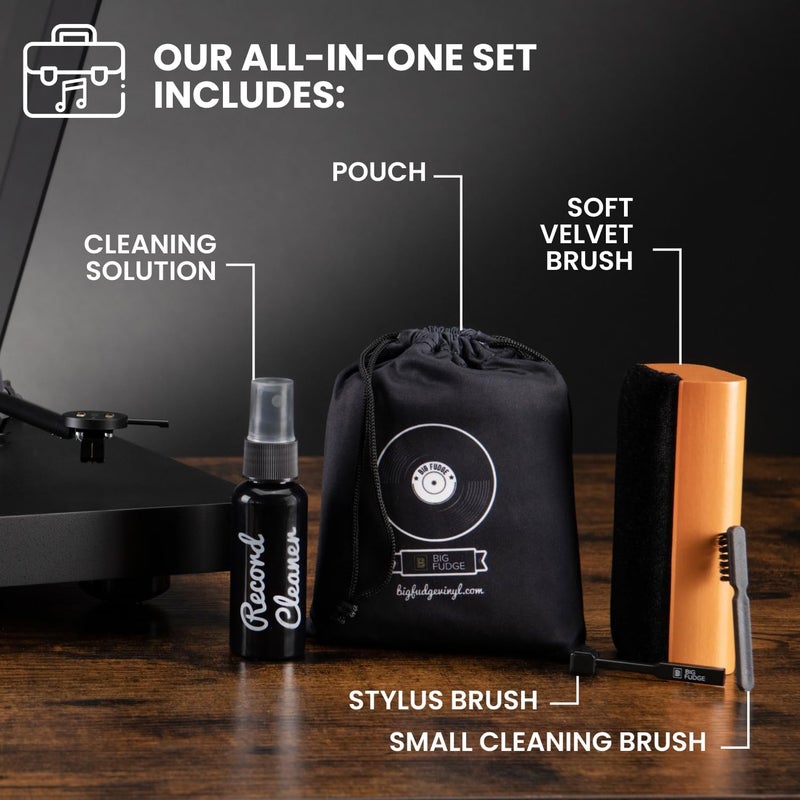BIG FUDGE Vinyl Record Cleaning Kit - 4-in-1 Record Cleaner Solution - Includes Ultra-Soft Velvet Record Brush, Cleaning Liquid, Stylus Brush and Storage Pouch - Image 2