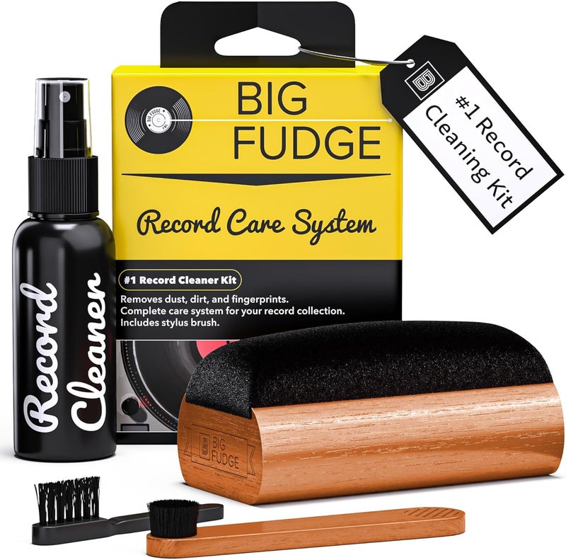 BIG FUDGE Vinyl Record Cleaning Kit - 4-in-1 Record Cleaner Solution - Includes Ultra-Soft Velvet Record Brush, Cleaning Liquid, Stylus Brush and Storage Pouch - Image 1