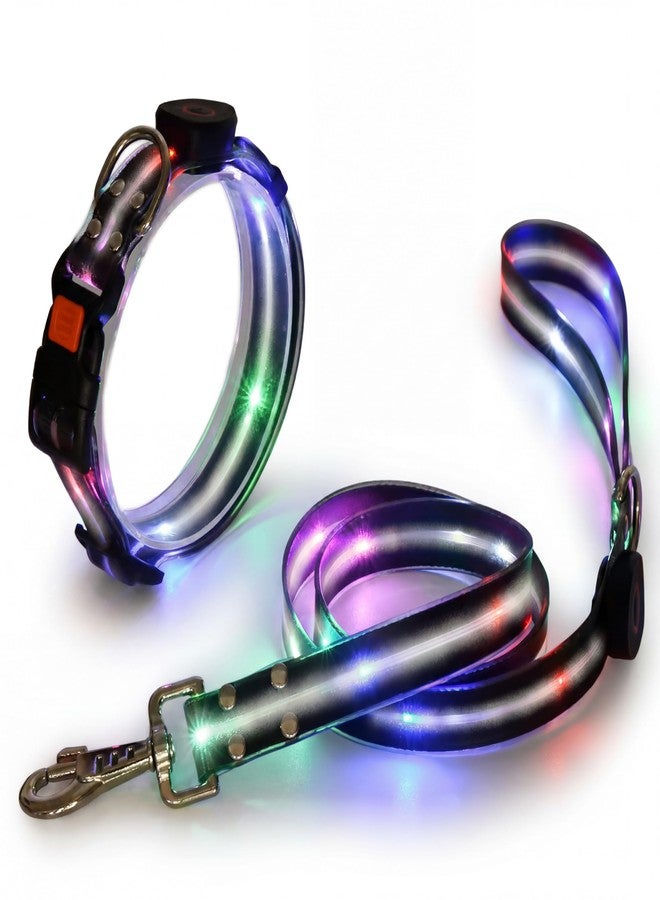 طقم طوق ومقود للكلاب مزود بإضاءة LED (أسود) - ألوان متعددة زاهية - مقاوم للماء تمامًا - قابل للتعديل، مقاس واحد يناسب معظم الكلاب (من 14 بوصة إلى 22.5 بوصة) - كل من الطوق والمقود قابلان لإعادة الشحن عبر منفذ USB - متوفر بأربعة ألوان - Image 1