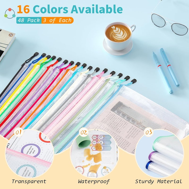 Umriox A4-48P 48pcs Mesh Zipper Pouch Bags, 16 Color, Clear Zipper Pouches for Organizing, Office, Home, Travel - Image 2
