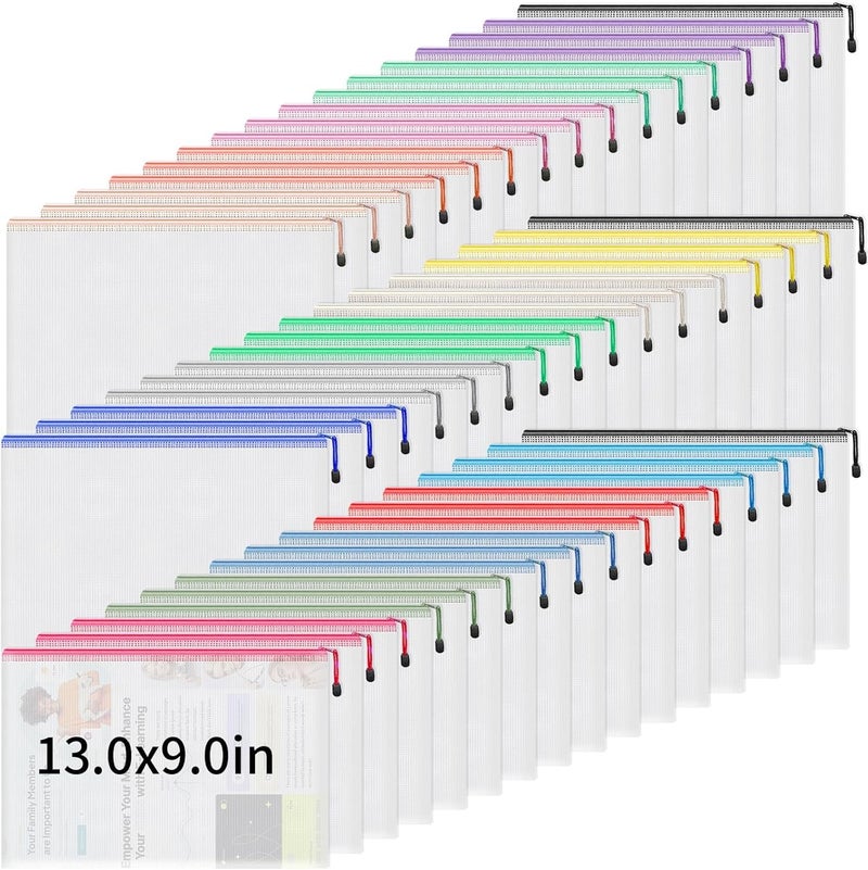 Umriox A4-48P 48pcs Mesh Zipper Pouch Bags, 16 Color, Clear Zipper Pouches for Organizing, Office, Home, Travel - Image 1