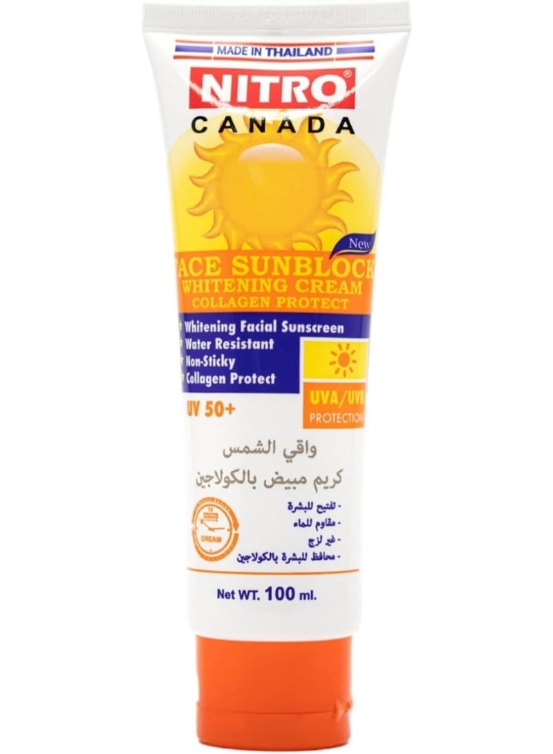 NITRO CANADA Face Sunblock Whitening Cream SPF 50+ with Collagen Protect, Water Resistant, 100ml - Image 1