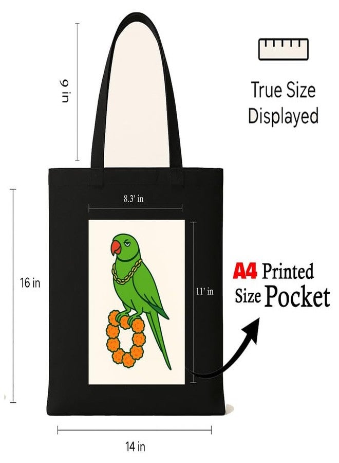 Megrok Parrot Tote Bag for Women | Front A4 Size Printed Pocket | 16x14 Inch Tropical Cotton Bag | Birdwatcher's Field Trip Essential - Image 3