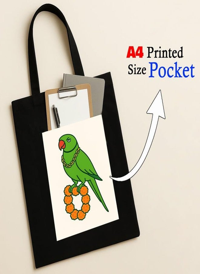 Megrok Parrot Tote Bag for Women | Front A4 Size Printed Pocket | 16x14 Inch Tropical Cotton Bag | Birdwatcher's Field Trip Essential - Image 2
